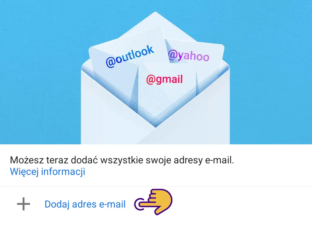 Ekran powitalny aplikacji Gmail z przyciskiem Dodaj adres e-mail