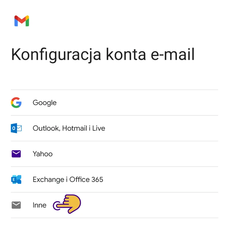 Gmail na Androidzie – okno Konfiguracja konta e-mail z zaznaczoną opcją Inne