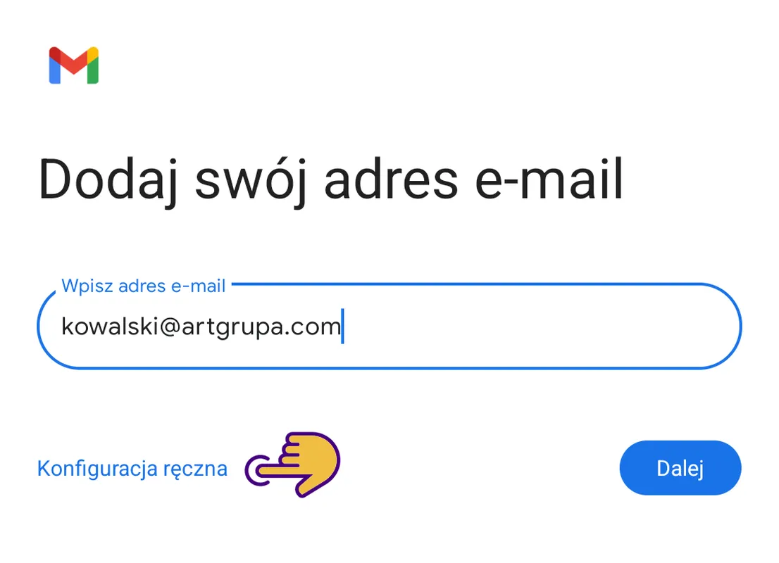 Gmail na Androidzie – ekran wprowadzania adresu e-mail i przycisku Konfiguracja ręczna