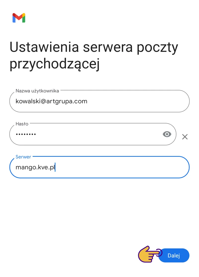 Gmail na Androidzie – ustawienia serwera poczty przychodzącej z polami Nazwa użytkownika, Hasło i Serwer
