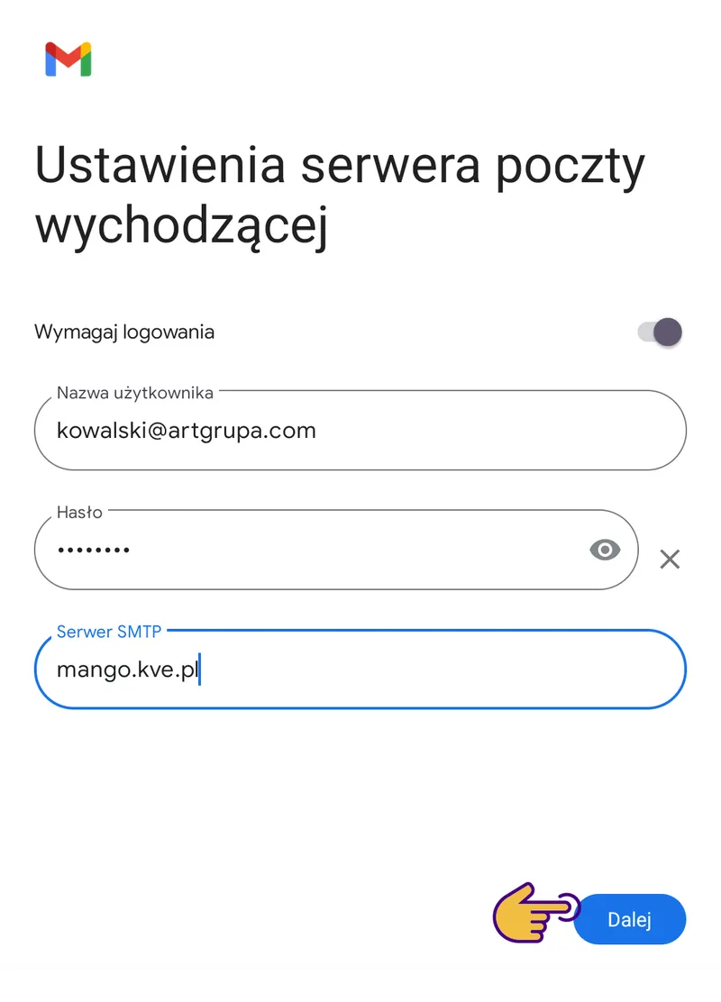 Gmail na Androidzie – ustawienia serwera poczty wychodzącej z polami Nazwa użytkownika, Hasło i Serwer