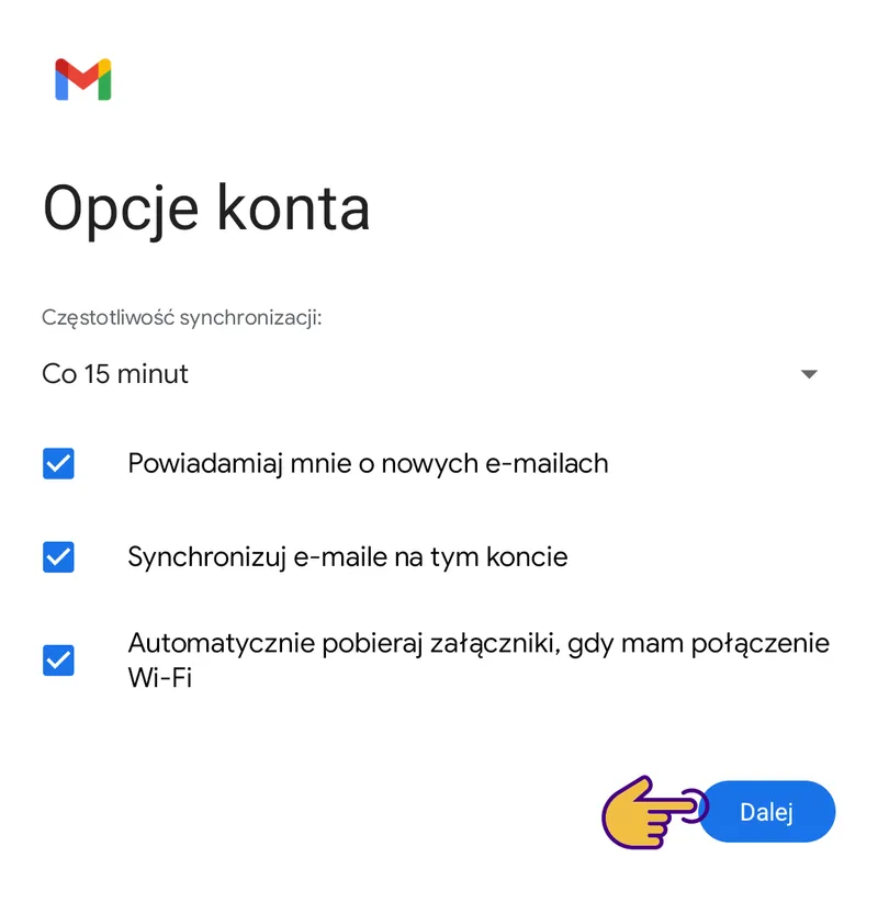 Gmail na Androidzie – ekran ustawień synchronizacji i dodatkowych opcji konta