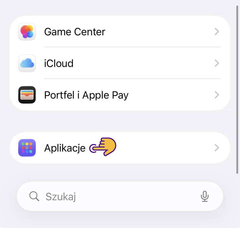 Ustawienia iOS – lista opcji z zaznaczoną sekcją Aplikacje