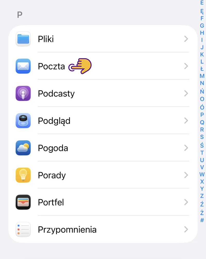 Lista aplikacji iOS – wybrana aplikacja Poczta