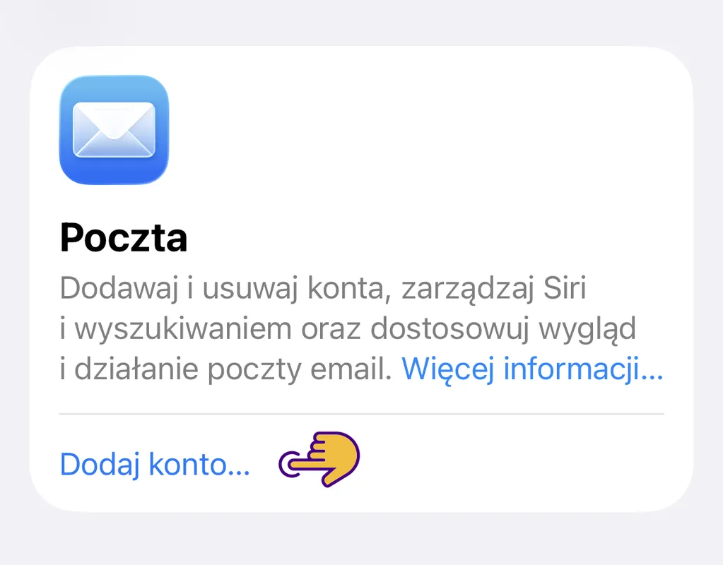 Ustawienia aplikacji Poczta – widoczna opcja Dodaj konto
