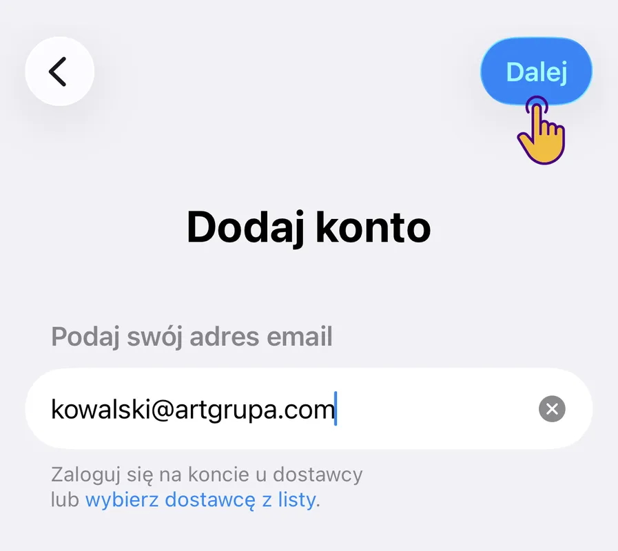 Formularz dodawania konta – pole adresu e-mail i przycisk Dalej