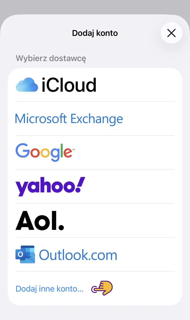 Ekran wyboru typu konta – opcja Dodaj inne konto