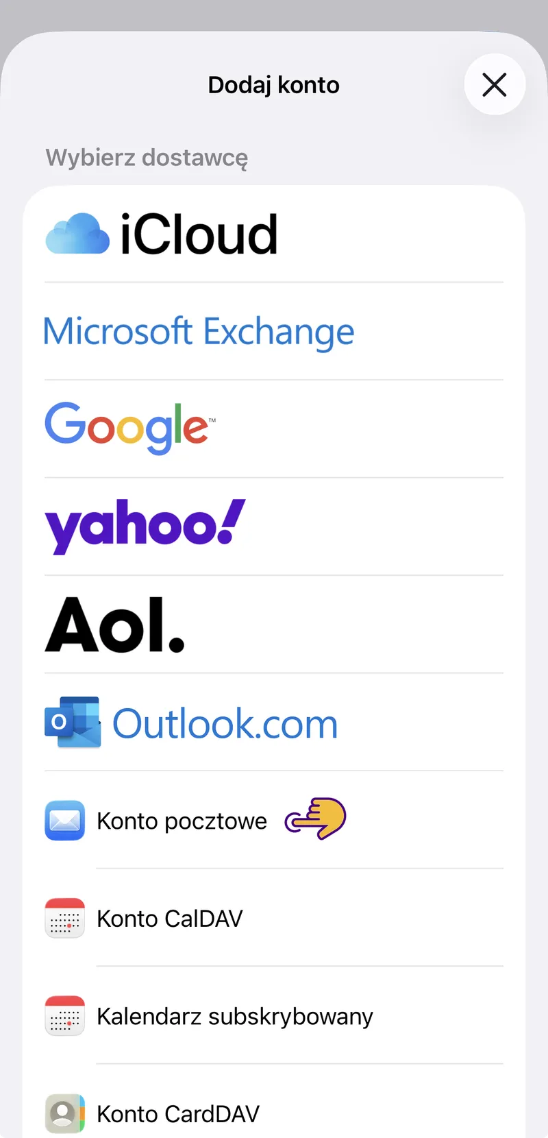 Wybór typu konta – pozycja Konto pocztowe