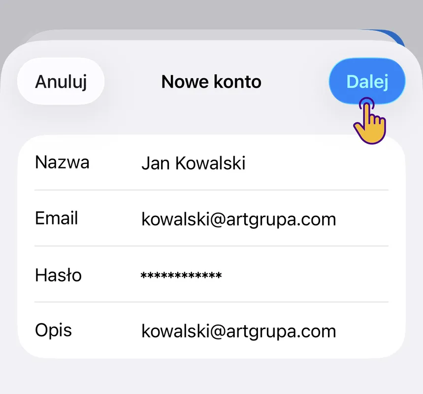 Formularz nowego konta – pola Nazwa, Email, Hasło i Opis