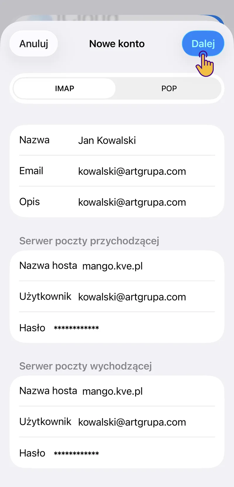 Ustawienia serwera poczty – wybór IMAP lub POP3 oraz pola Nazwa hosta, Użytkownik, Hasło