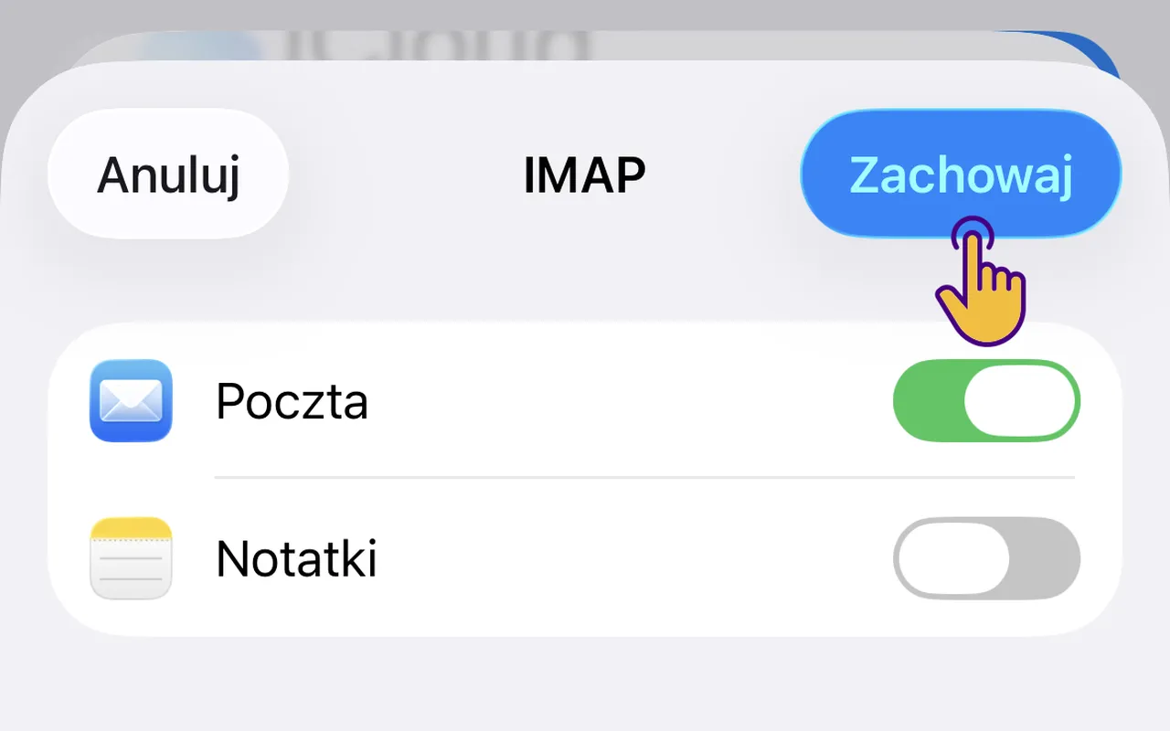 Podsumowanie konfiguracji konta pocztowego – ekran z przyciskiem Zachowaj