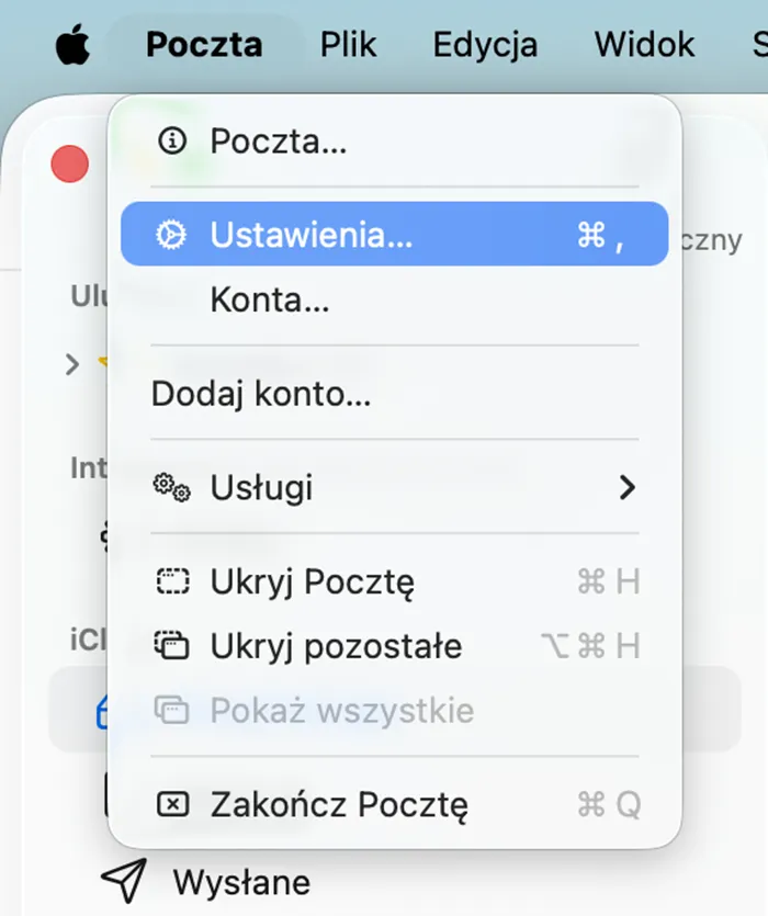 macOS – pasek menu z rozwiniętą pozycją Poczta i wybraną opcją Ustawienia