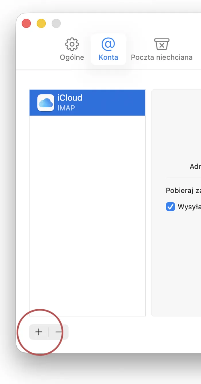 Mail dla macOS – okno ustawień z listą kont i przyciskiem dodawania nowego konta