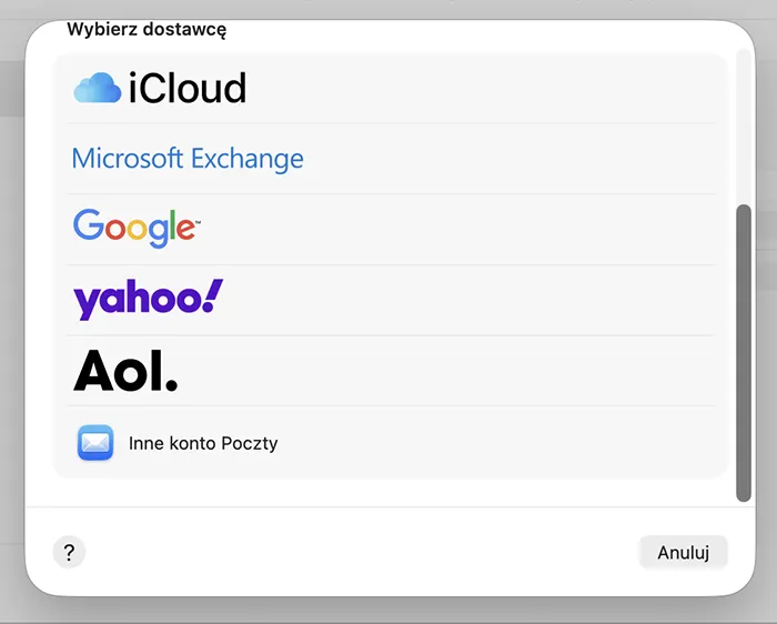 Mail dla macOS – lista dostawców z zaznaczoną opcją Inne konto Poczty