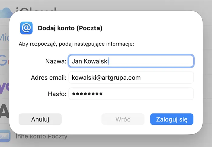 Mail dla macOS – formularz logowania z polami Nazwa, Adres e-mail i Hasło