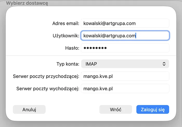 Mail dla macOS – ustawienia serwera poczty z polami Użytkownik, Typ konta oraz serwery przychodzący i wychodzący