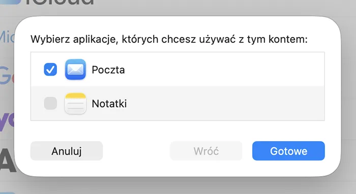 Mail dla macOS – wybór aplikacji używanych z tym kontem, zaznaczona Poczta