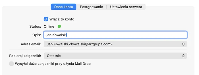 Mail dla macOS – podsumowanie konfiguracji konta z polem Opis