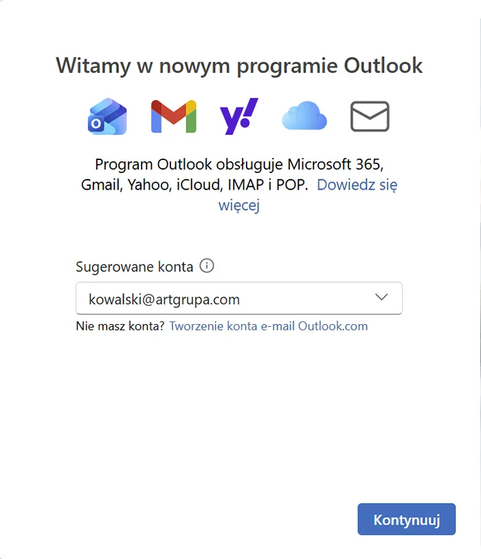 Outlook dla Windows – ekran z polem Sugerowane konta