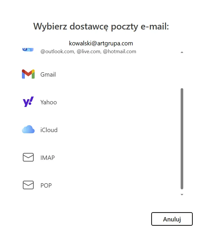 Outlook dla Windows – wybór typu konta IMAP lub POP3