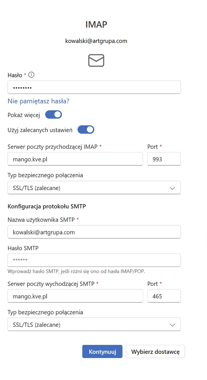 Outlook dla Windows – zaawansowane ustawienia serwera IMAP i SMTP