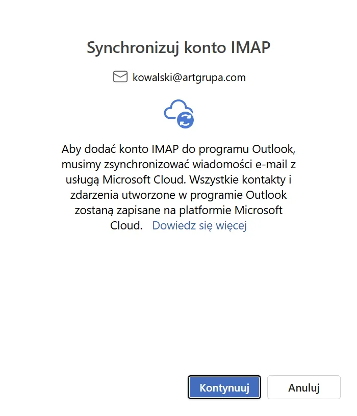 Outlook dla Windows – ekran potwierdzenia poprawnej konfiguracji konta